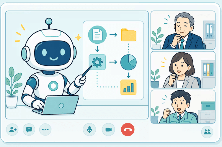 AIのがっこう。が隣で一緒に手を動かして伴走する実践型ワークショップのイメージ