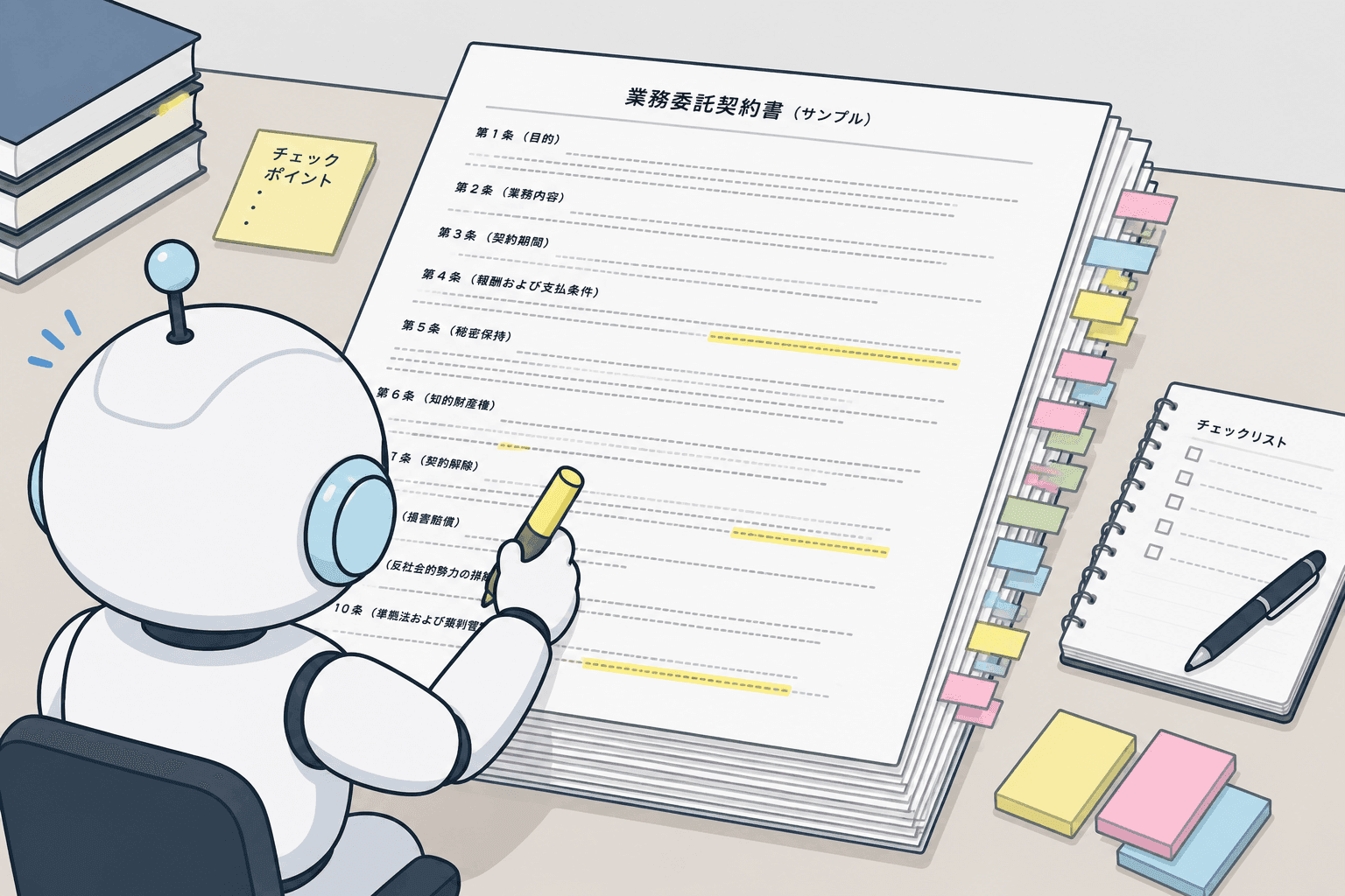 AIを使いこなす前の契約書チェック。付箋やマーカーで一条ずつ目視確認している状態。