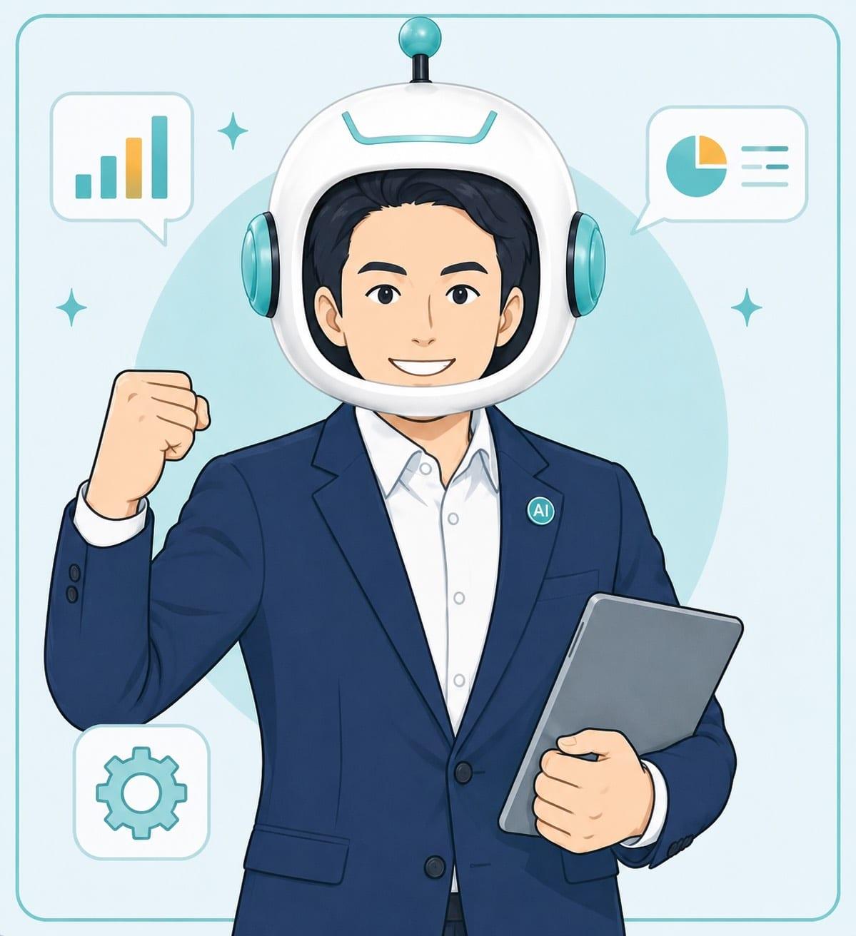 AIのがっこう。ヘルメットをかぶり、タブレットを手にガッツポーズするAIのプロ